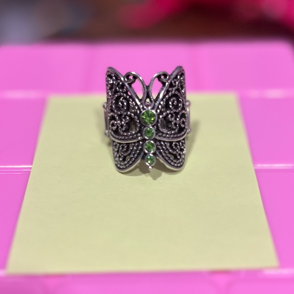 Elegant Silver Butterfly Ring with Green Accents